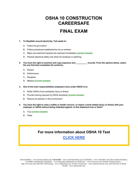 Osha 10 Exam. OSHA 10 Hour Construction Test Answer Key FALL. 